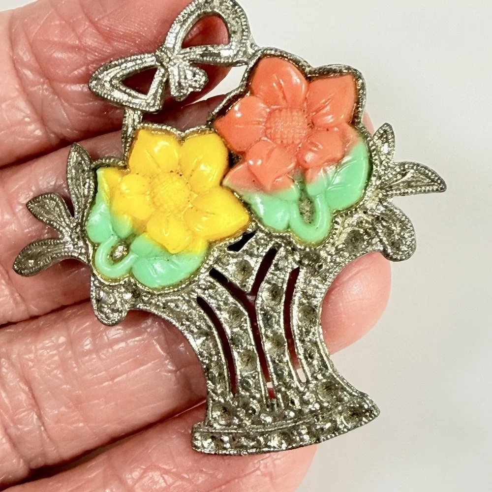 Vintage Pot Metal Brooch Basket of Flowers Celluloid  Flowers MCM FLAWS